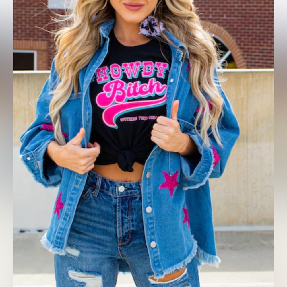 SOUTHERN FRIED CHICKS denim pink sequin star shacket